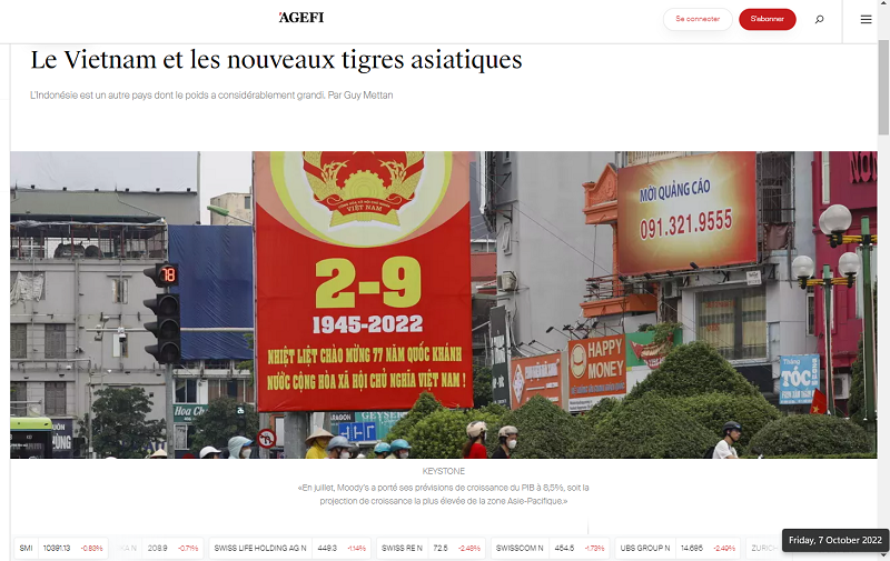 Bài về Việt Nam của chính trị gia, nhà báo Guy Mettan trên phiên bản điện tử tờ AGEFI. Ảnh Thục Minh